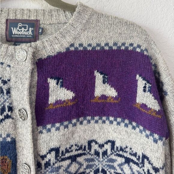 Vtg Woolrich Gray Heather 100% Wool Cardigan Winter Theme Women’s Sz M Grandma - Picture 6 of 6